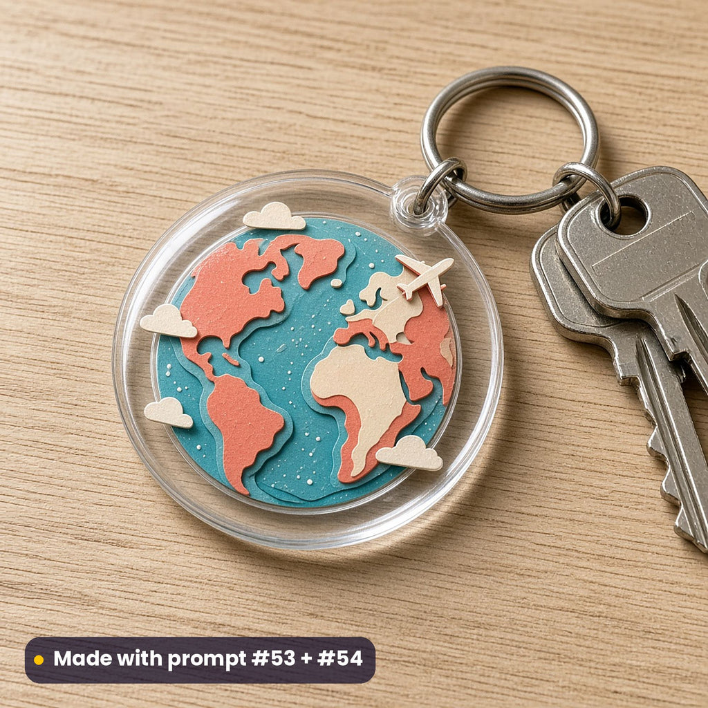Round acrylic key ring with a layered paper-cut globe, clouds and a little plane, on an oak table with keys, made with prompt #53 + #54