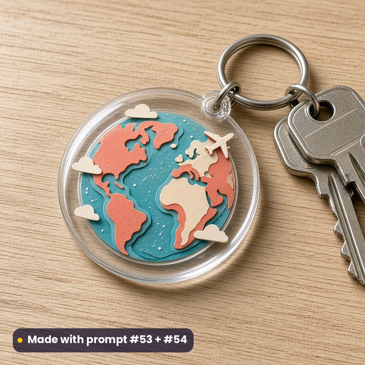Round acrylic key ring with a layered paper-cut globe, clouds and a little plane, on an oak table with keys, made with prompt #53 + #54