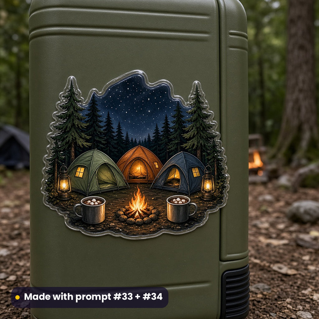 Olive suitcase at a forest campsite with a die-cut decal of three tents around a campfire under pines and stars, with lanterns and cocoa mugs, made with prompt #33 + #34