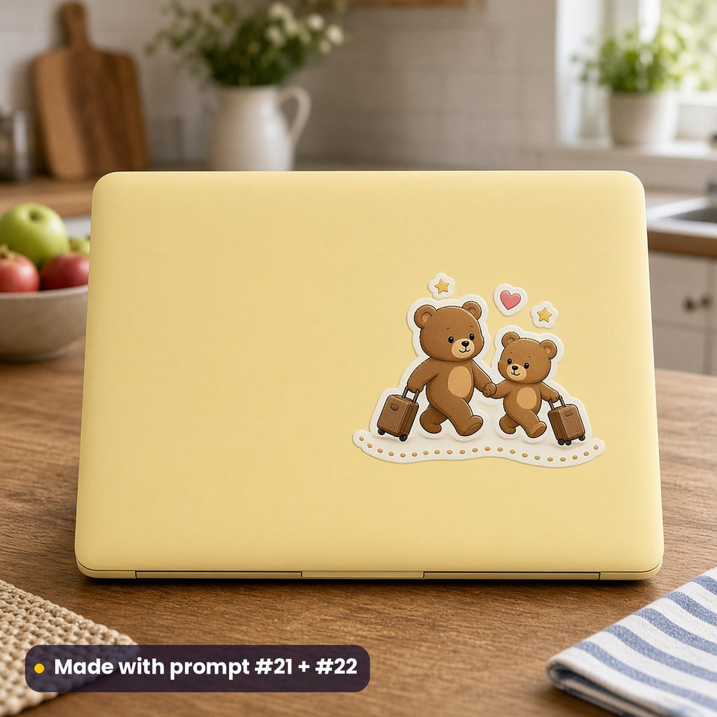 Pale yellow laptop on a kitchen table with a cartoon decal of a parent bear and cub pulling matching suitcases, no people, made with prompt #21 + #22
