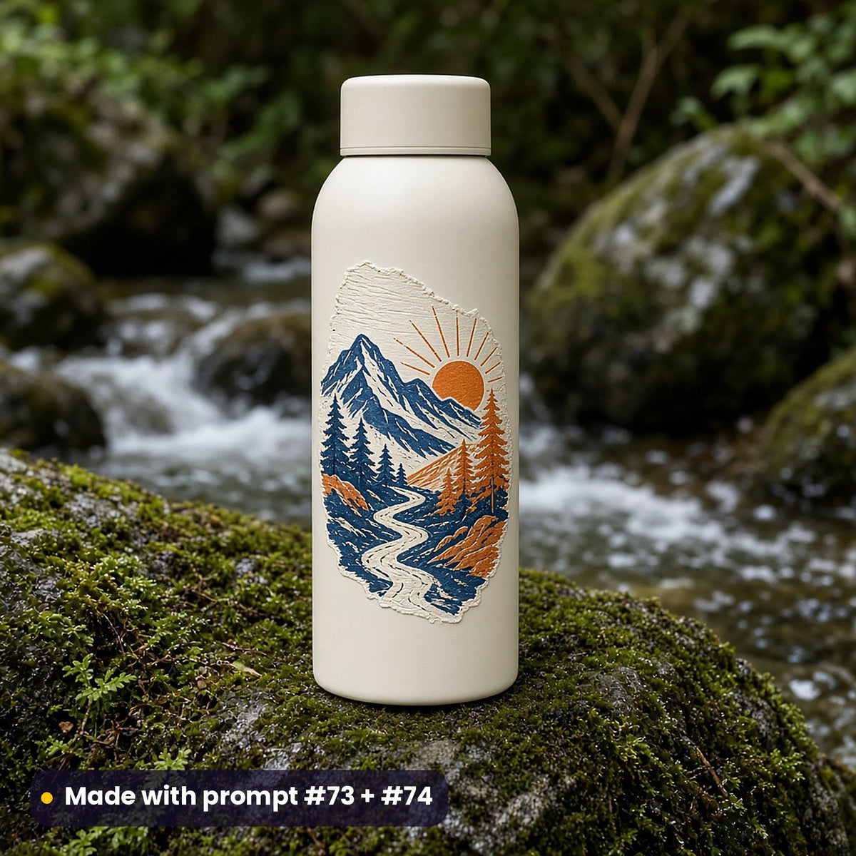 Cream water bottle on a mossy rock by a stream with a linocut-style decal of peaks, pines, a winding trail and a rising sun, made with prompt #73 + #74