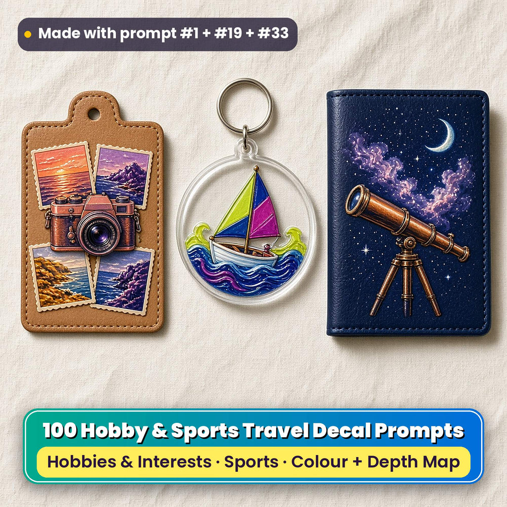 Three UV-printed travel accessories on cream linen: a tan leather luggage tag with a vintage camera and travel snapshots, a clear acrylic key ring with a sailing dinghy and a navy passport cover with a brass telescope under the stars, made with prompt #1 + #19 + #33