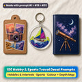 Three UV-printed travel accessories on cream linen: a tan leather luggage tag with a vintage camera and travel snapshots, a clear acrylic key ring with a sailing dinghy and a navy passport cover with a brass telescope under the stars, made with prompt #1 + #19 + #33