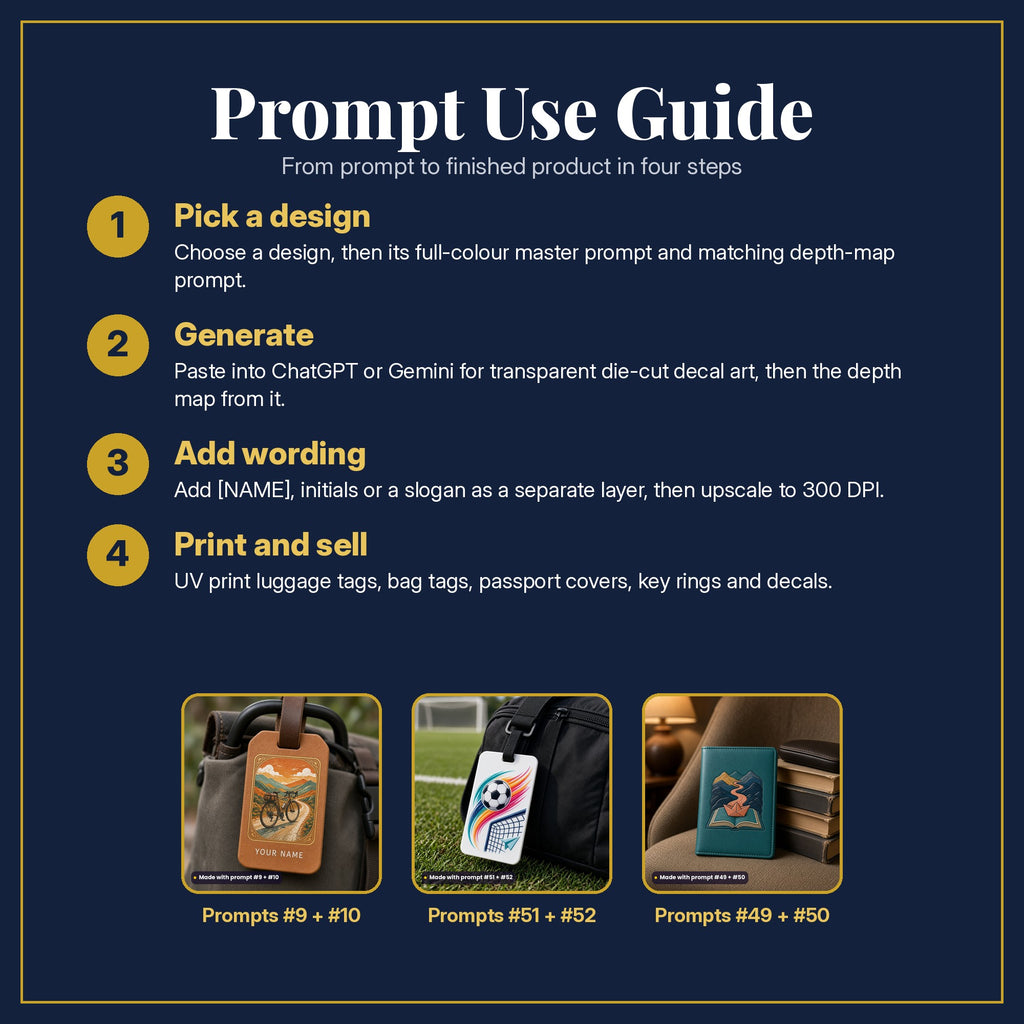 Prompt Use Guide in four steps: pick a design, generate, add wording, print and sell, with example products made with prompt #9, prompt #10, prompt #51, prompt #52, prompt #49, prompt #50