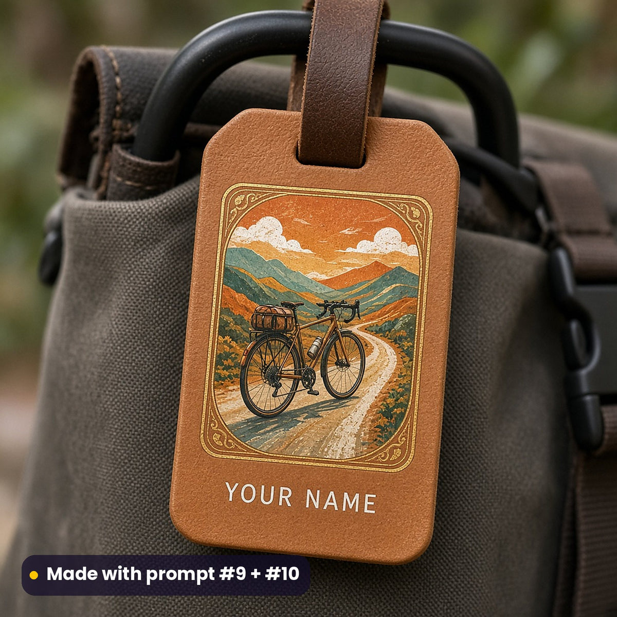 Tan leather luggage tag on a canvas pannier bag, UV printed with a touring bicycle on a winding lane in burnt orange, turquoise and sunflower, with YOUR NAME placeholder text, made with prompt #9 + #10