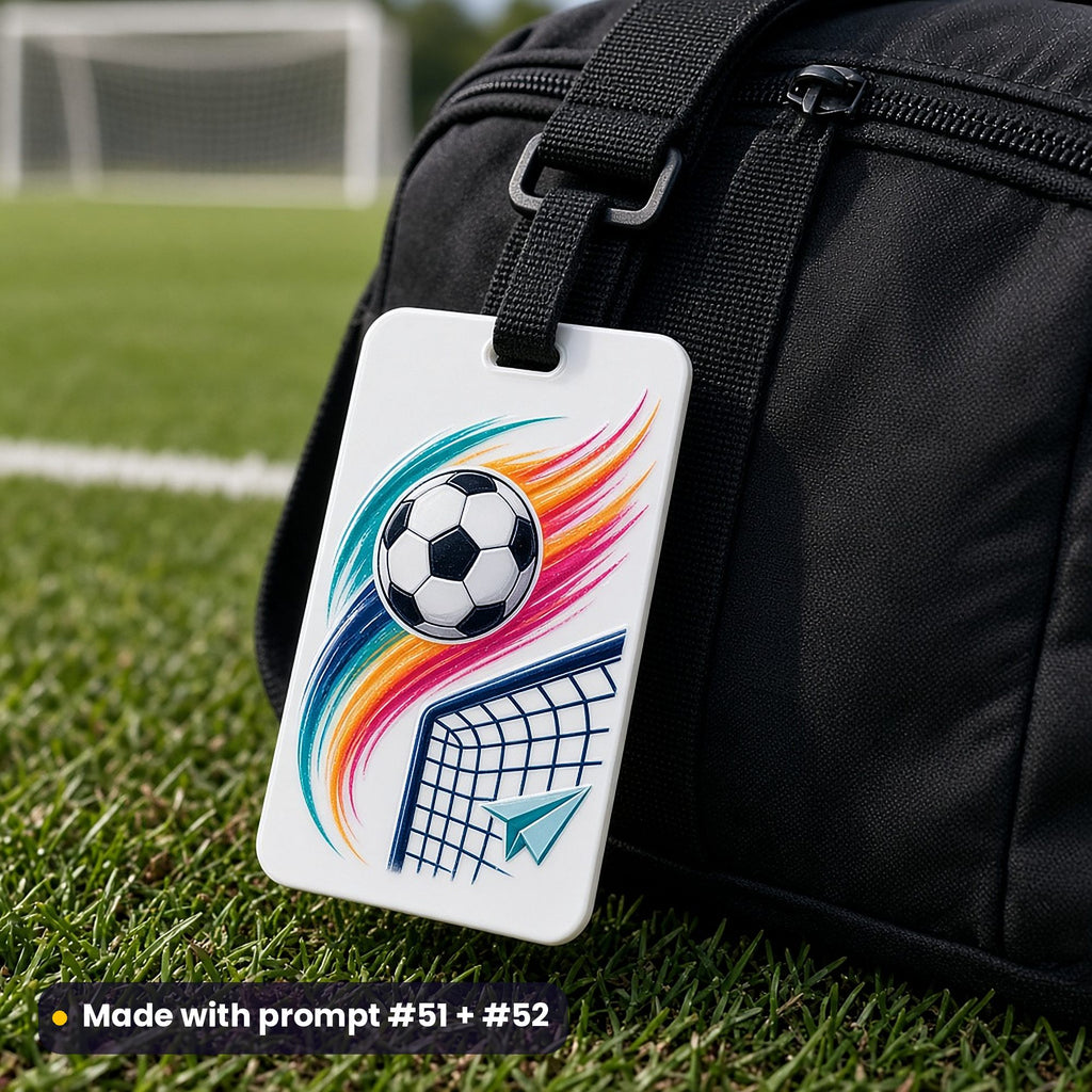 White acrylic bag tag on a black kit bag by a pitch, UV printed with a plain football, a goal net and a paper plane, with no club badges, made with prompt #51 + #52