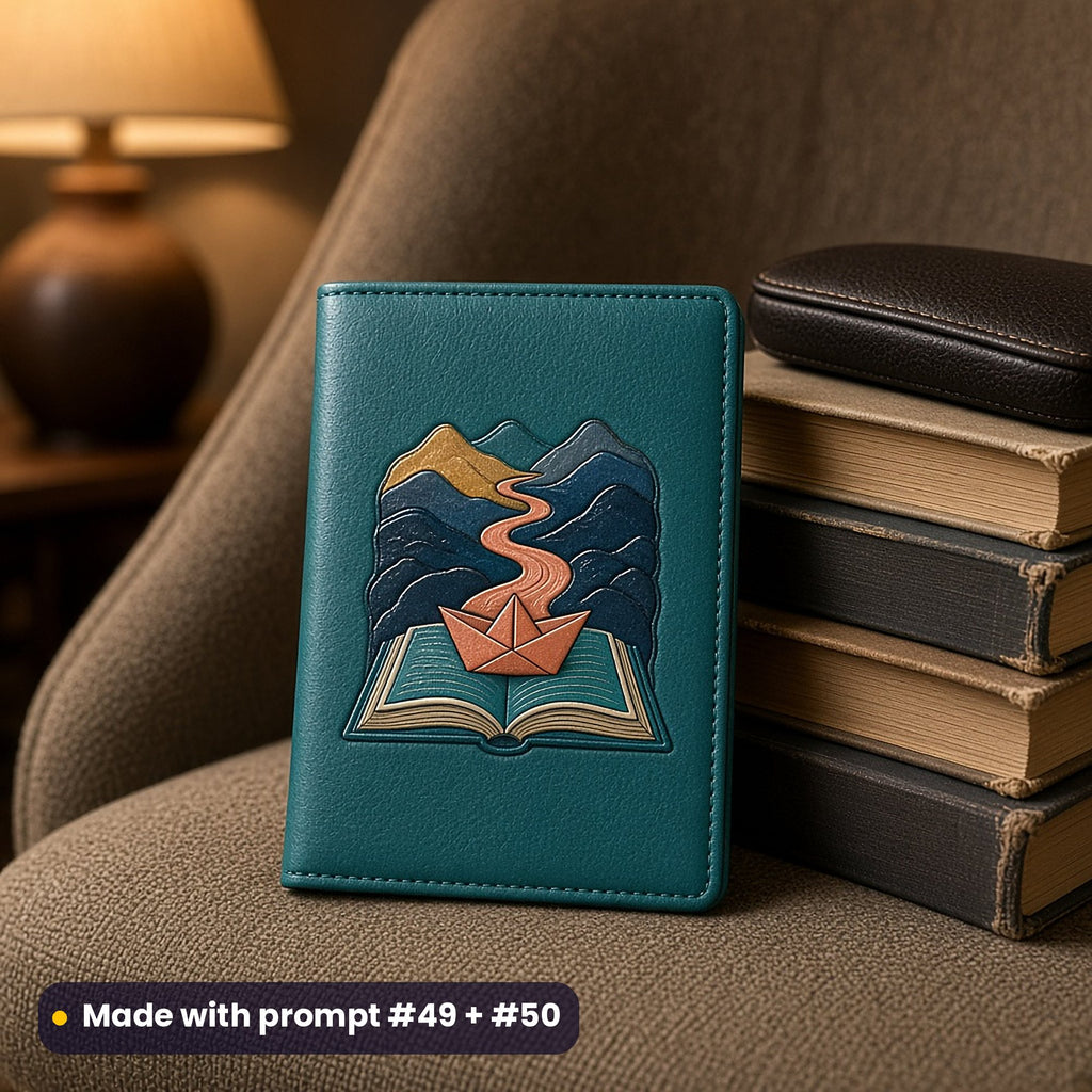 Plain teal leather passport cover on an armchair beside old books, with a decal of an open book, a paper boat and a path rising to the hills, made with prompt #49 + #50