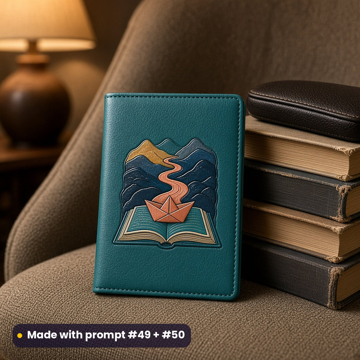 Plain teal leather passport cover on an armchair beside old books, with a decal of an open book, a paper boat and a path rising to the hills, made with prompt #49 + #50