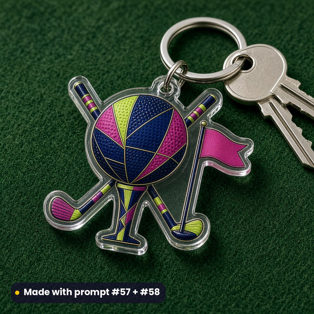 Die-cut acrylic golf key ring of a ball on a tee with crossed clubs and a blank flag, on green felt with keys, made with prompt #57 + #58
