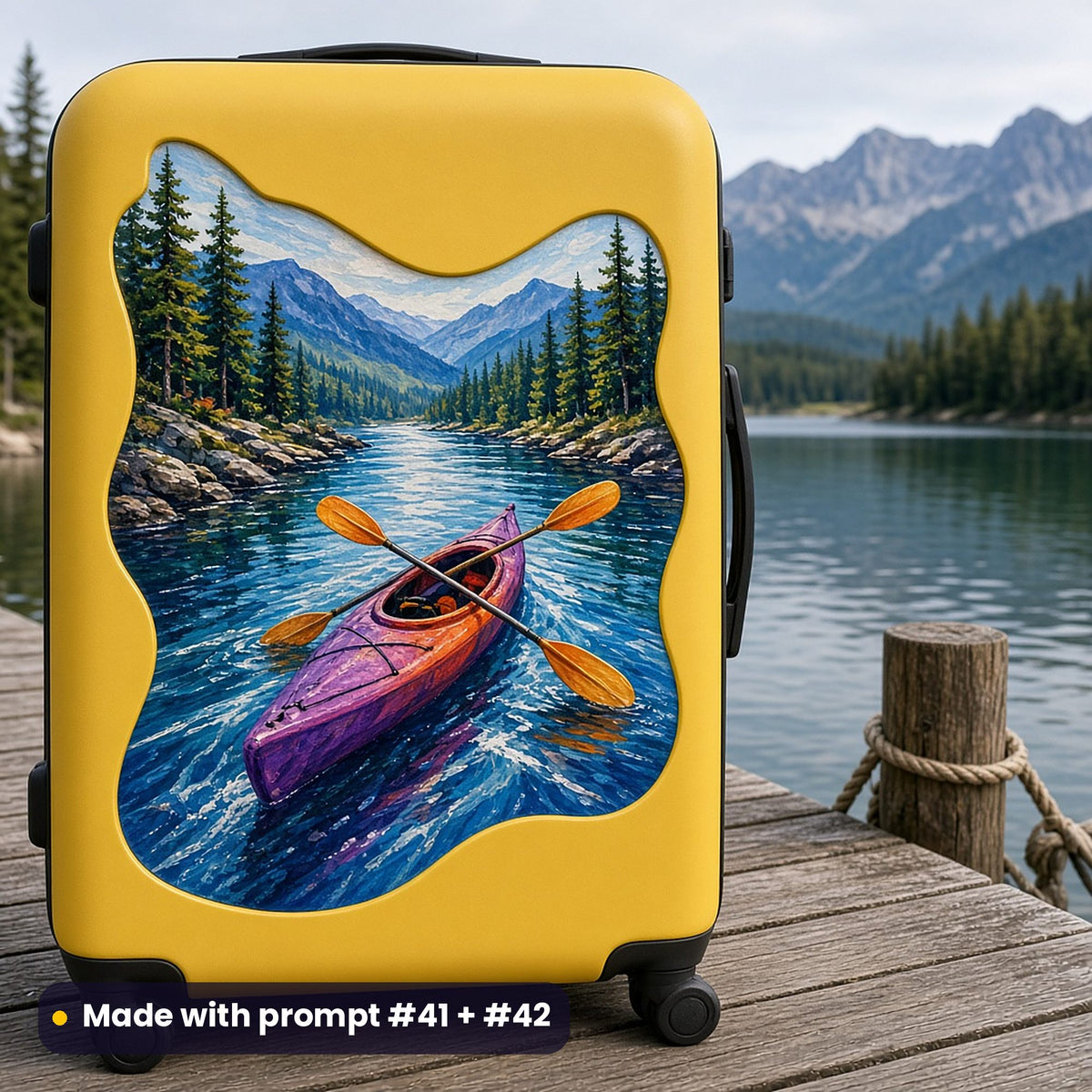 Yellow hard-shell suitcase on a lake jetty with a large die-cut decal of a kayak and paddles on a river between pines and mountains, made with prompt #41 + #42