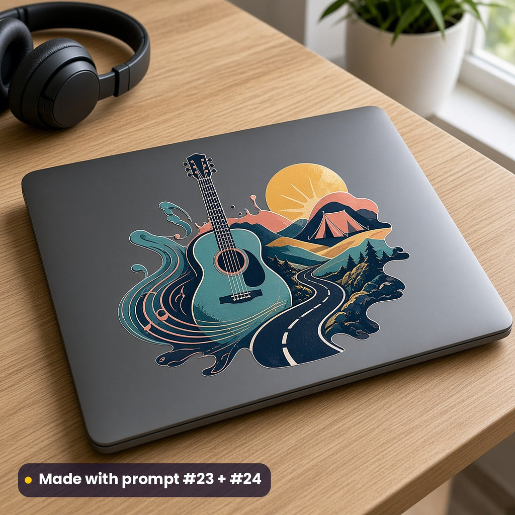 Dark grey laptop beside headphones with a die-cut decal of an acoustic guitar, a winding road, a tent and a big sun, made with prompt #23 + #24