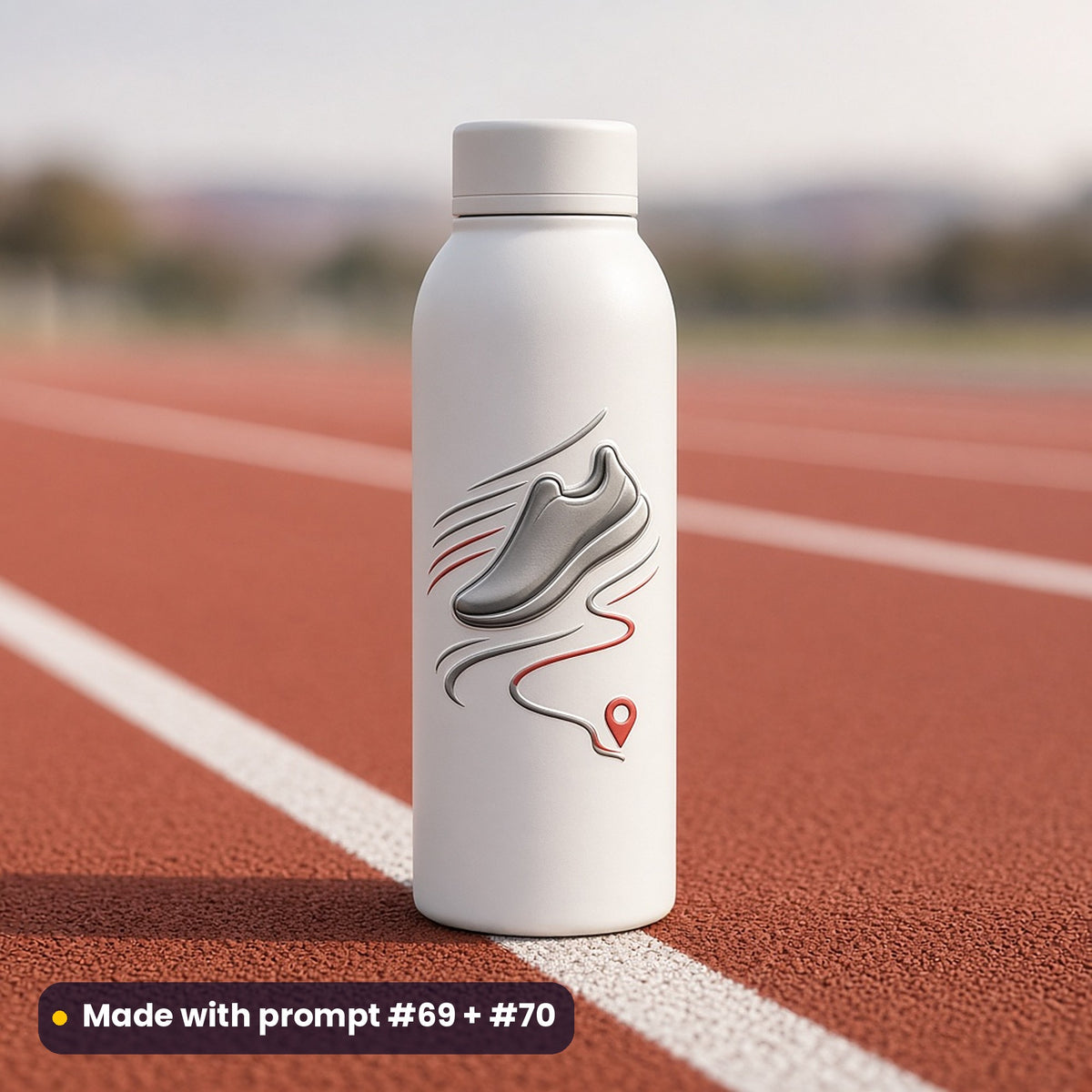 White steel water bottle on a running track with a die-cut decal of a plain running shoe, motion lines and a route line ending in a pin, made with prompt #69 + #70