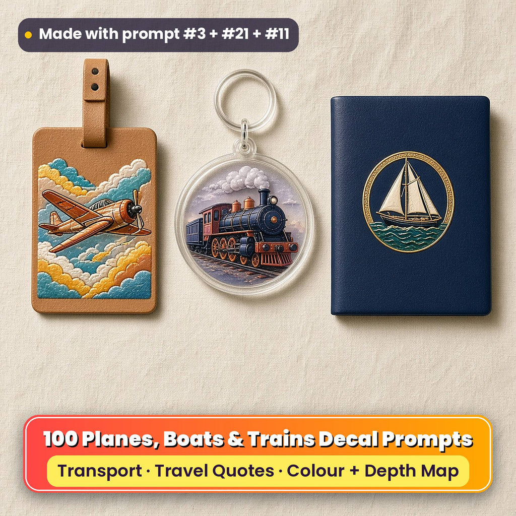 Three UV-printed travel accessories on cream linen: a tan leather luggage tag with a vintage propeller plane in clouds, a clear acrylic key ring with a steam locomotive and a navy passport cover with a gilded sailing yacht medallion, made with prompt #3 + #21 + #11