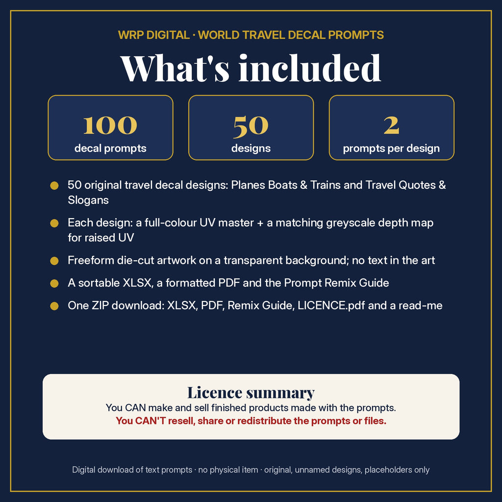 What's included: 100 travel decal prompts, 50 original designs each with a full-colour UV master and a matching depth map, XLSX and PDF, Prompt Remix Guide, ZIP, and a licence summary