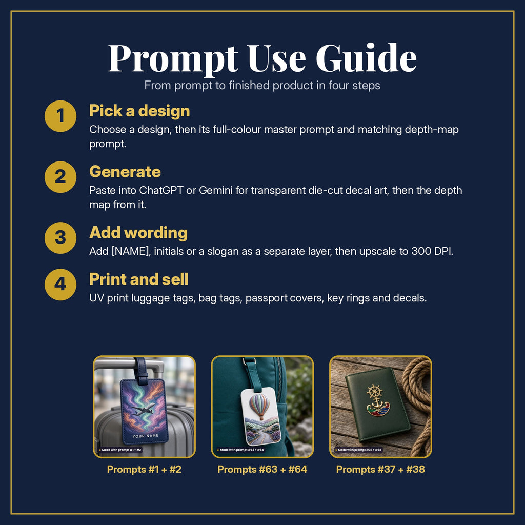 Prompt Use Guide in four steps: pick a design, generate, add wording, print and sell, with example products made with prompt #1, prompt #2, prompt #63, prompt #64, prompt #37, prompt #38