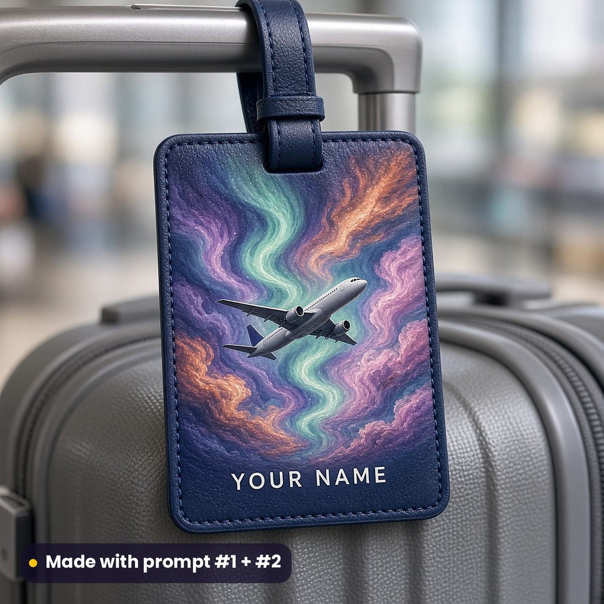 Navy leather luggage tag on a grey suitcase handle, UV printed with an unmarked passenger jet in aurora-coloured skies, with YOUR NAME placeholder text, made with prompt #1 + #2