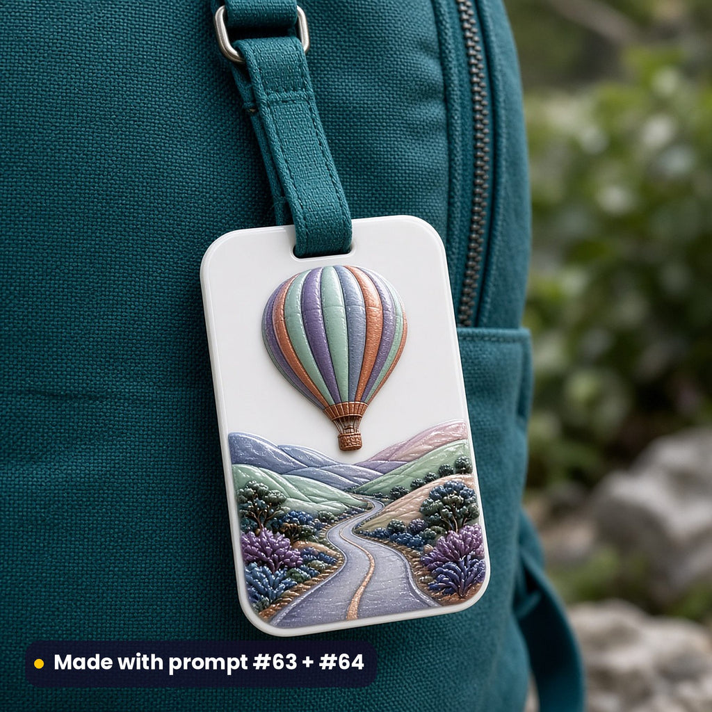 White acrylic bag tag on a teal backpack, UV printed with a hot-air balloon over a winding road and rolling hills in indigo, mint, orchid and copper, made with prompt #63 + #64