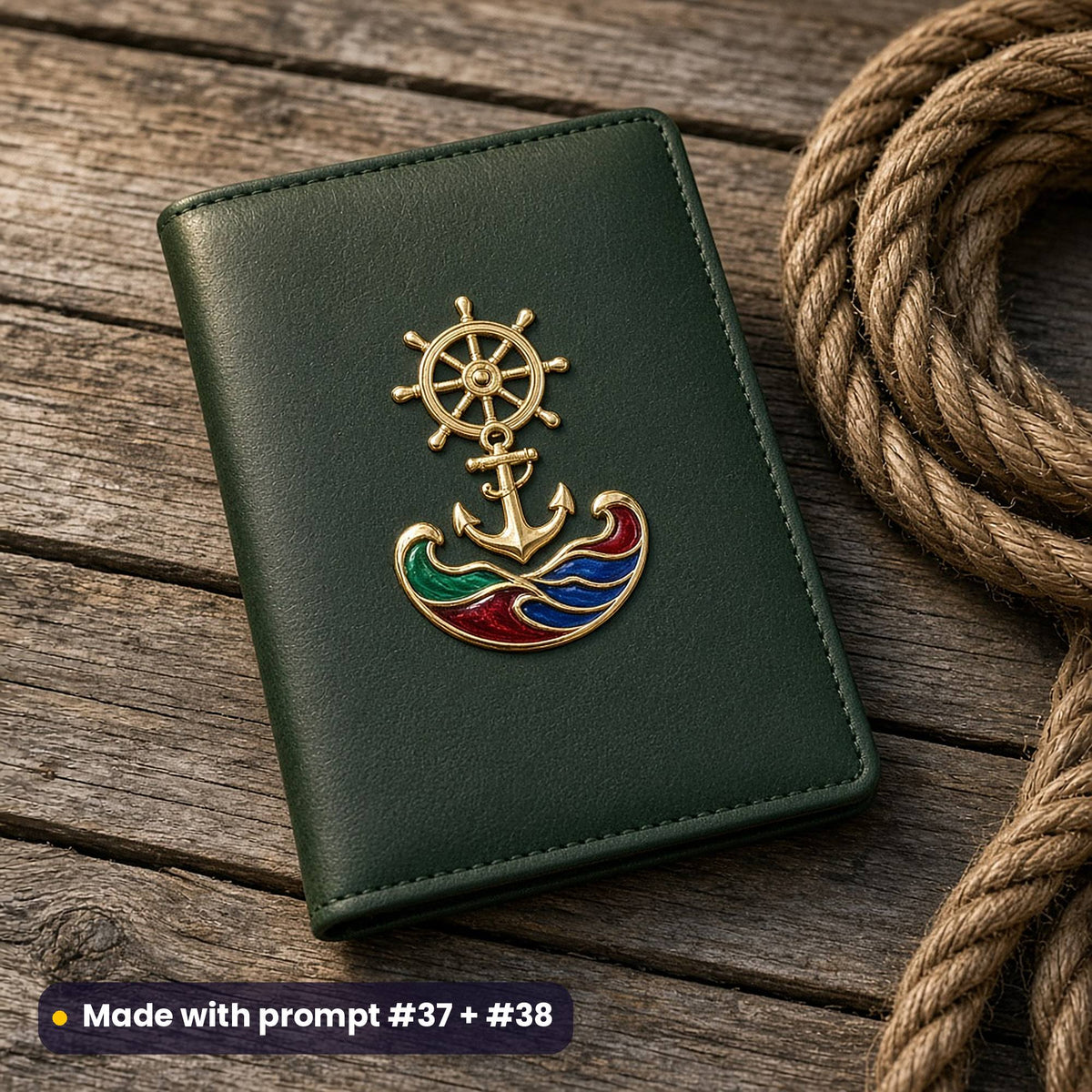 Plain dark green leather passport cover on a wooden deck beside rope, with a gilded decal of a ship's wheel, an anchor and enamel waves, made with prompt #37 + #38