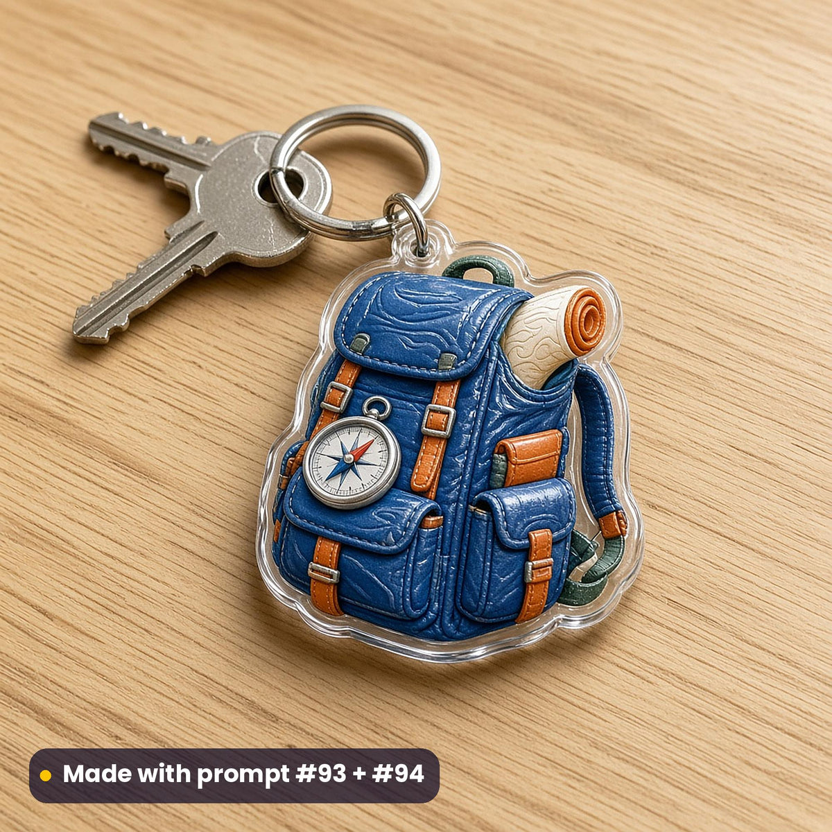 Die-cut acrylic key ring shaped like a hiking backpack with a compass and rolled mat, beside keys on an oak table, made with prompt #93 + #94
