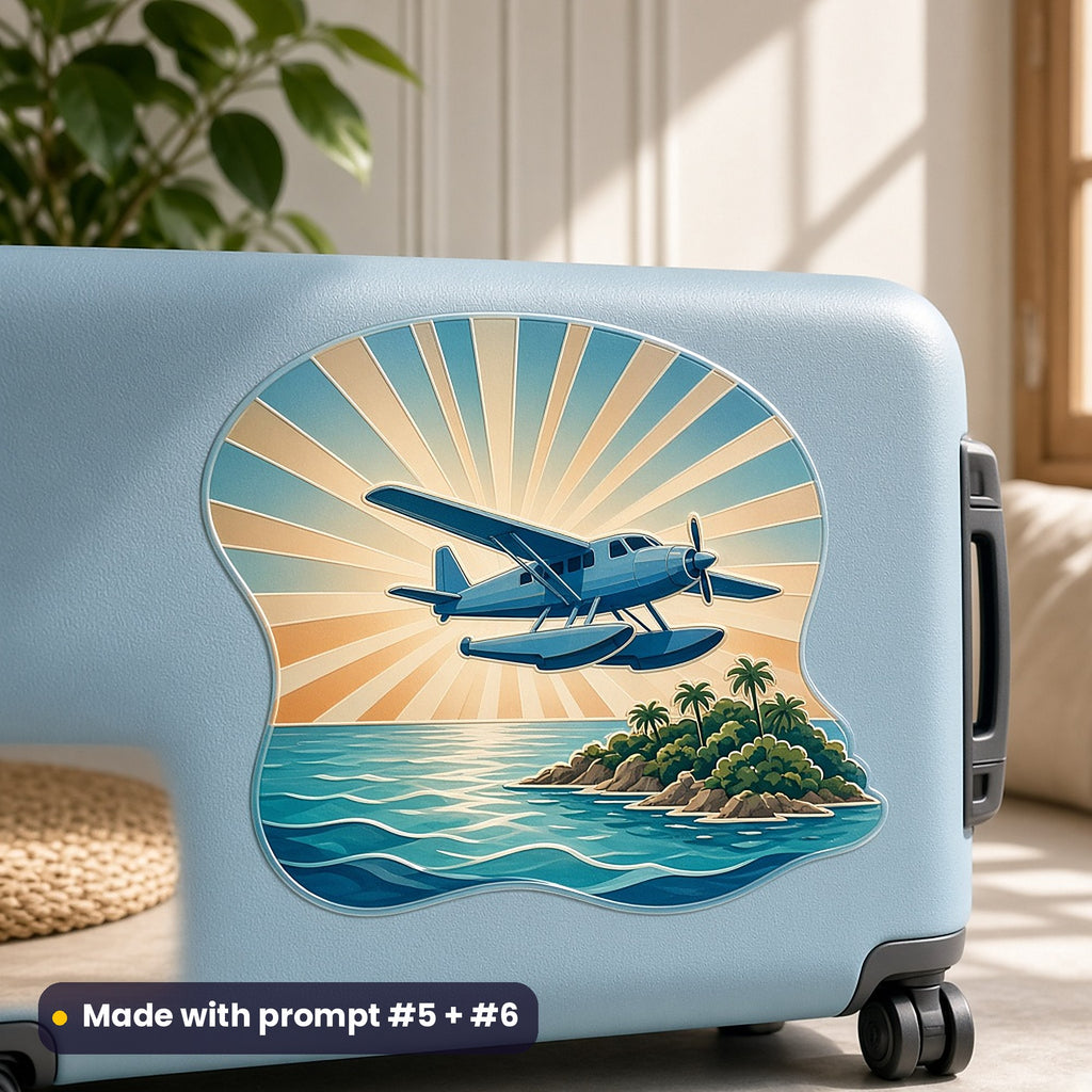 Pale blue hard-shell suitcase with a large art-deco die-cut decal of a seaplane over a turquoise bay with a palm island and sun rays, made with prompt #5 + #6