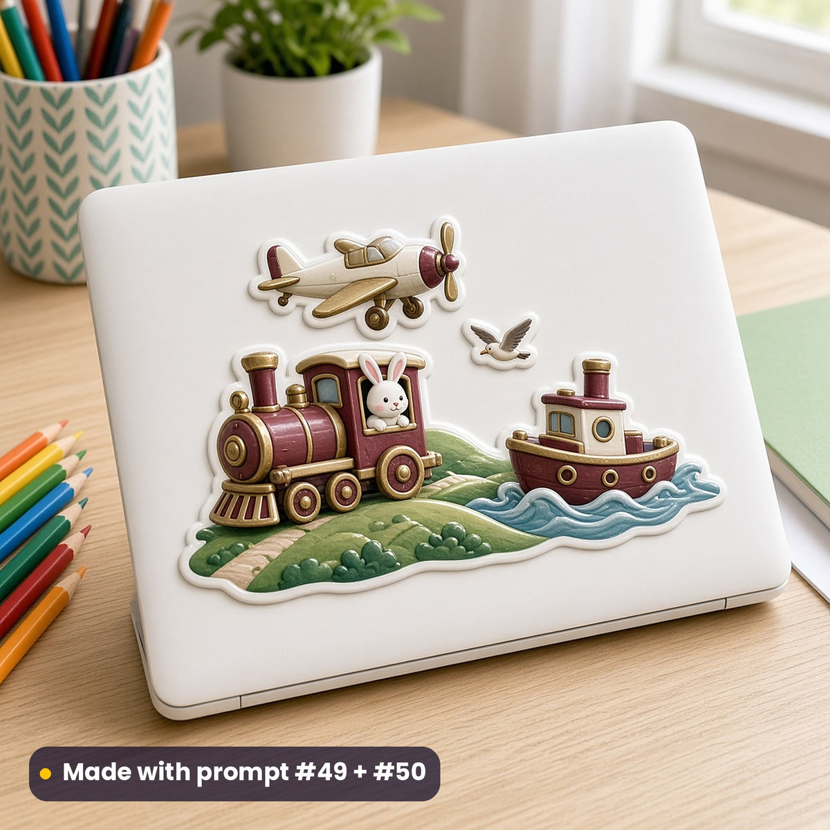 White laptop beside coloured pencils with a children's die-cut decal of a toy-like train with a bunny at the window, a little plane and a tugboat, no people, made with prompt #49 + #50