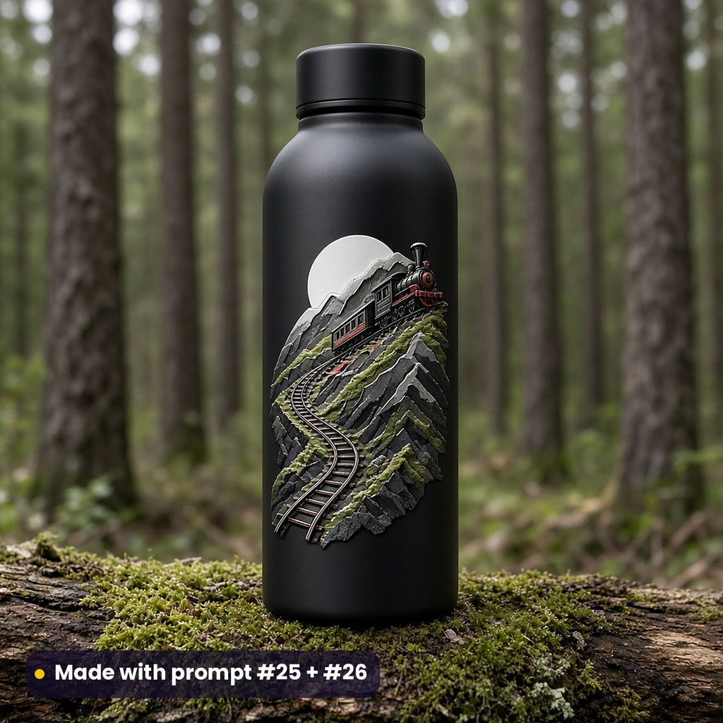 Black steel water bottle on a mossy log in a forest, with a die-cut decal of a small mountain train on a zigzag track under a white sun, made with prompt #25 + #26