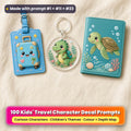 Three UV-printed children's travel accessories on cream linen: a blue leather luggage tag with a smiling cartoon suitcase, a clear acrylic key ring with a cartoon dinosaur wearing a backpack and a teal passport cover with a smiling sea turtle, made with prompt #1 + #11 + #23