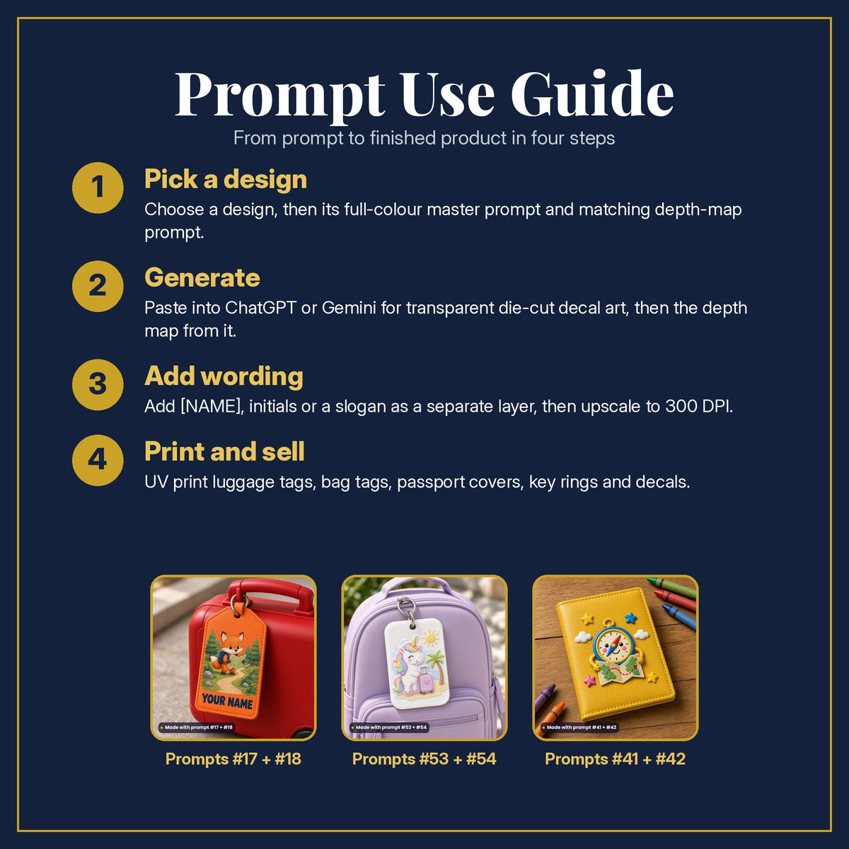 Prompt Use Guide in four steps: pick a design, generate, add wording, print and sell, with example products made with prompt #17, prompt #18, prompt #53, prompt #54, prompt #41, prompt #42