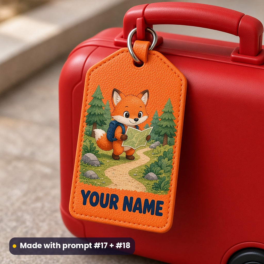 Orange leather luggage tag on a child's red suitcase, UV printed with a cartoon fox holding a map on a forest path, with YOUR NAME placeholder text, made with prompt #17 + #18