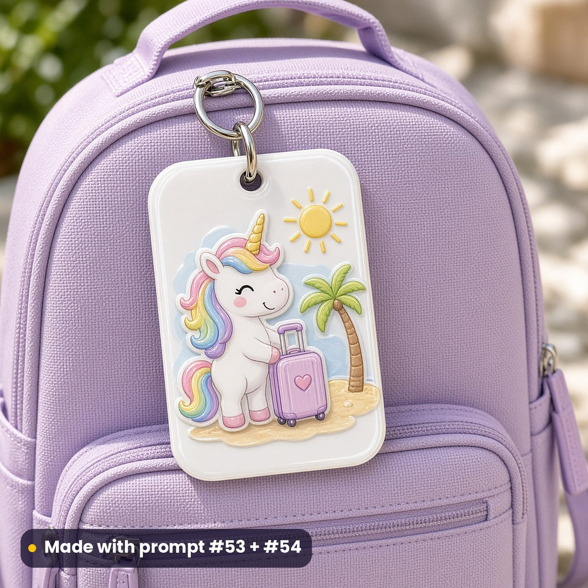 White acrylic bag tag on a lilac backpack, UV printed with a cartoon unicorn with a rainbow mane, a little suitcase and a palm tree, made with prompt #53 + #54