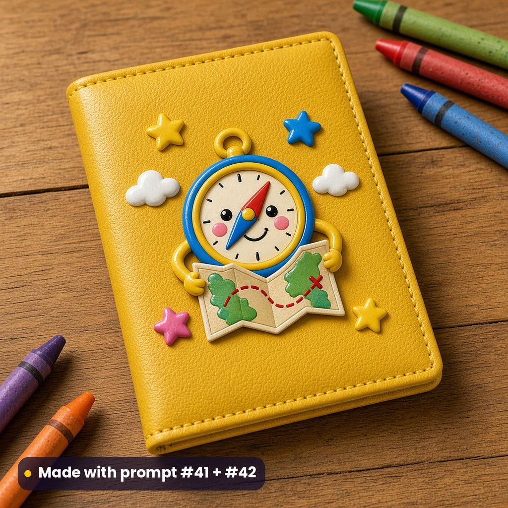 Yellow children's passport cover beside crayons, with a raised decal of a smiling cartoon compass holding a treasure-style map, made with prompt #41 + #42