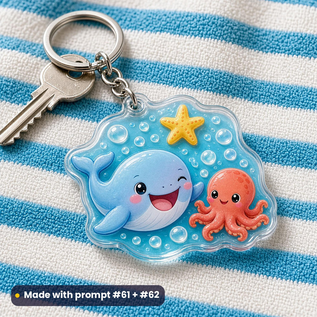 Die-cut acrylic key ring of a smiling cartoon whale, octopus and starfish among bubbles, on a striped beach towel, made with prompt #61 + #62