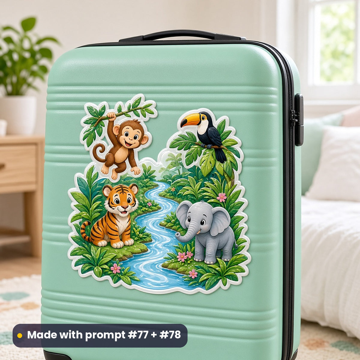 Mint child's suitcase with a large die-cut jungle decal of a monkey, toucan, tiger cub and baby elephant by a winding river, made with prompt #77 + #78