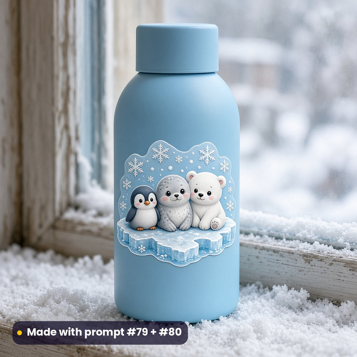 Sky-blue kids' water bottle on a snowy windowsill with a decal of a cartoon penguin chick, seal pup and polar bear cub on an ice floe, made with prompt #79 + #80