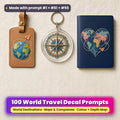 Three UV-printed travel accessories on cream linen: a tan leather luggage tag with a globe and paper plane decal, a clear acrylic key ring with a compass rose and a navy passport cover with a heart-shaped map decal, made with prompt #1 + #81 + #55