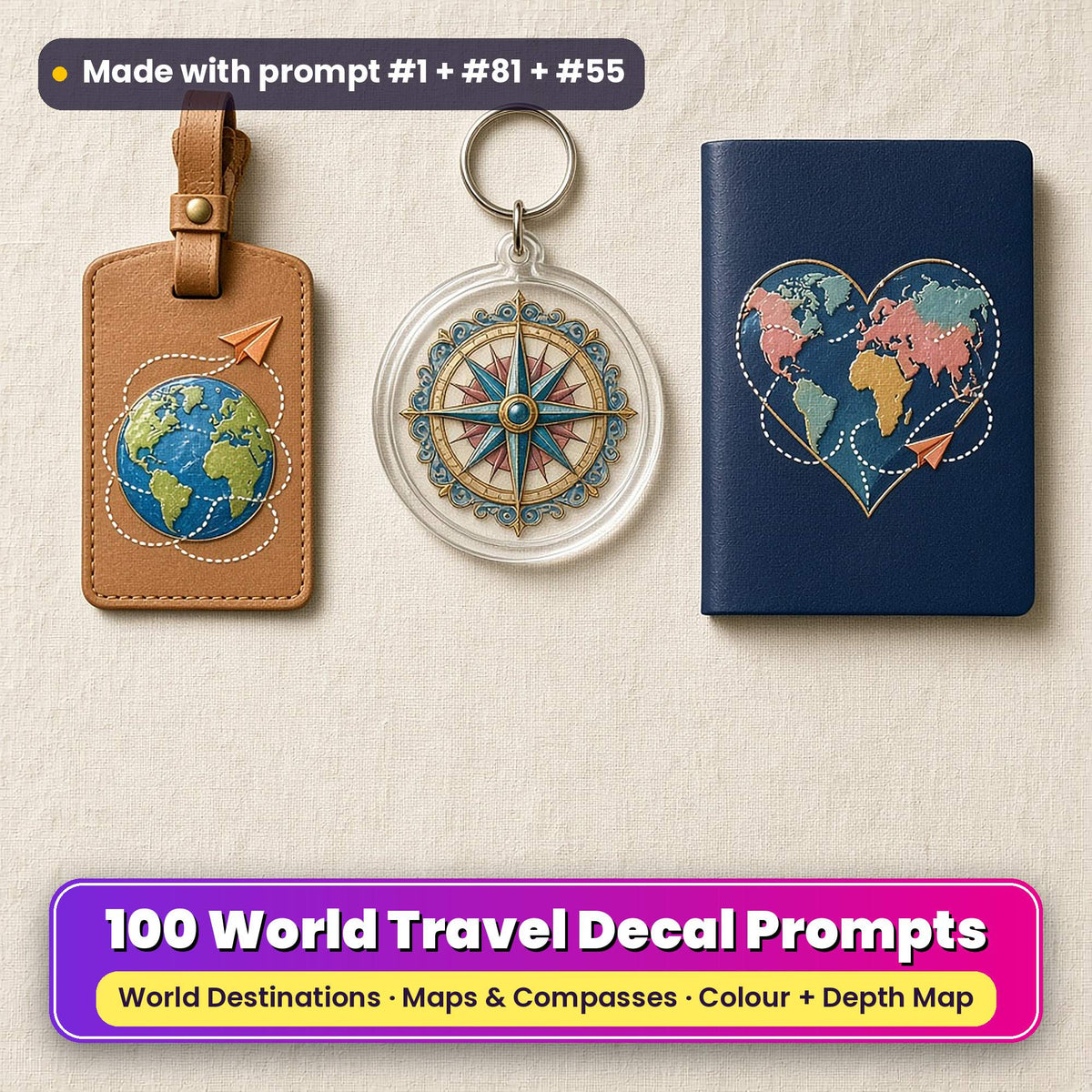 Three UV-printed travel accessories on cream linen: a tan leather luggage tag with a globe and paper plane decal, a clear acrylic key ring with a compass rose and a navy passport cover with a heart-shaped map decal, made with prompt #1 + #81 + #55