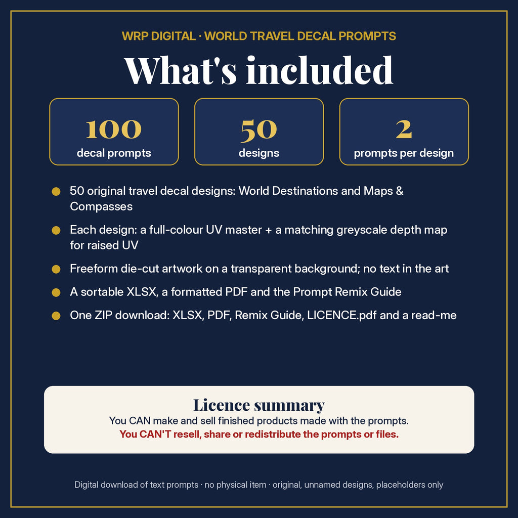What's included: 100 travel decal prompts, 50 original designs each with a full-colour UV master and a matching depth map, XLSX and PDF, Prompt Remix Guide, ZIP, and a licence summary