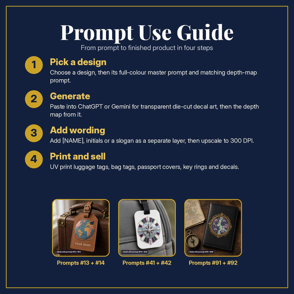 Prompt Use Guide in four steps: pick a design, generate, add wording, print and sell, with example products made with prompt #13, prompt #14, prompt #41, prompt #42, prompt #91, prompt #92