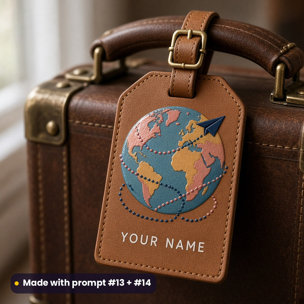 Tan leather luggage tag on a vintage suitcase handle, UV printed with a globe, paper plane and dotted routes in teal, salmon and ochre, with YOUR NAME placeholder text, made with prompt #13 + #14