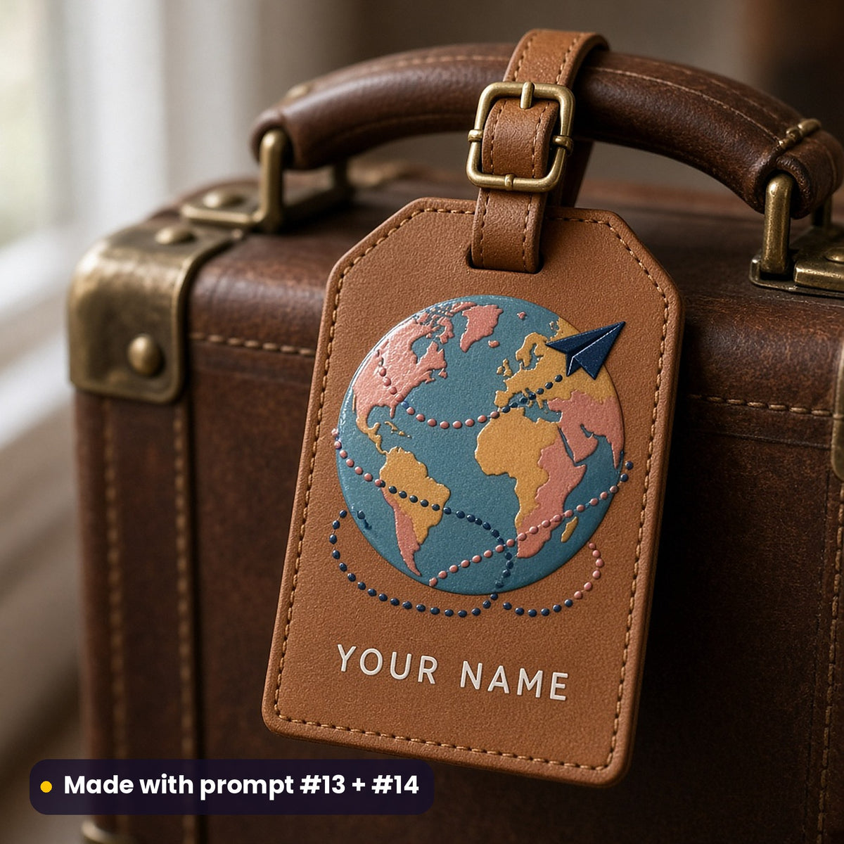 Tan leather luggage tag on a vintage suitcase handle, UV printed with a globe, paper plane and dotted routes in teal, salmon and ochre, with YOUR NAME placeholder text, made with prompt #13 + #14