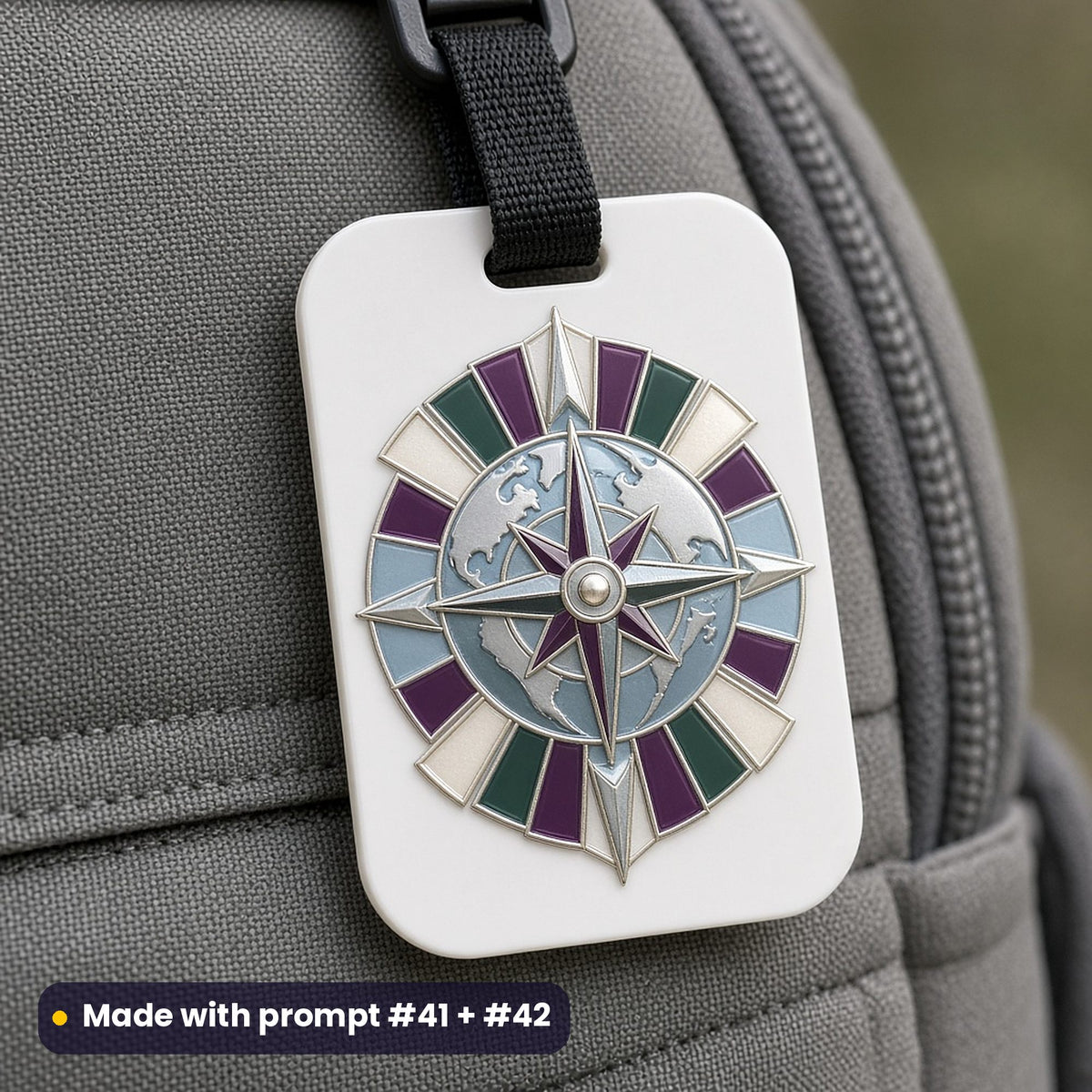 White acrylic bag tag on a grey backpack, UV printed with an art-deco compass over a globe in glacier blue, evergreen and plum with raised gloss, made with prompt #41 + #42