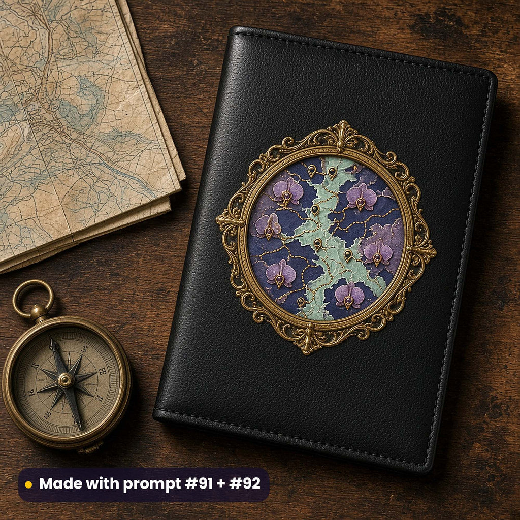 Plain black leather passport cover beside a folded map and a brass compass, with a gilded medallion decal of a map with location pins in indigo, mint and orchid, made with prompt #91 + #92
