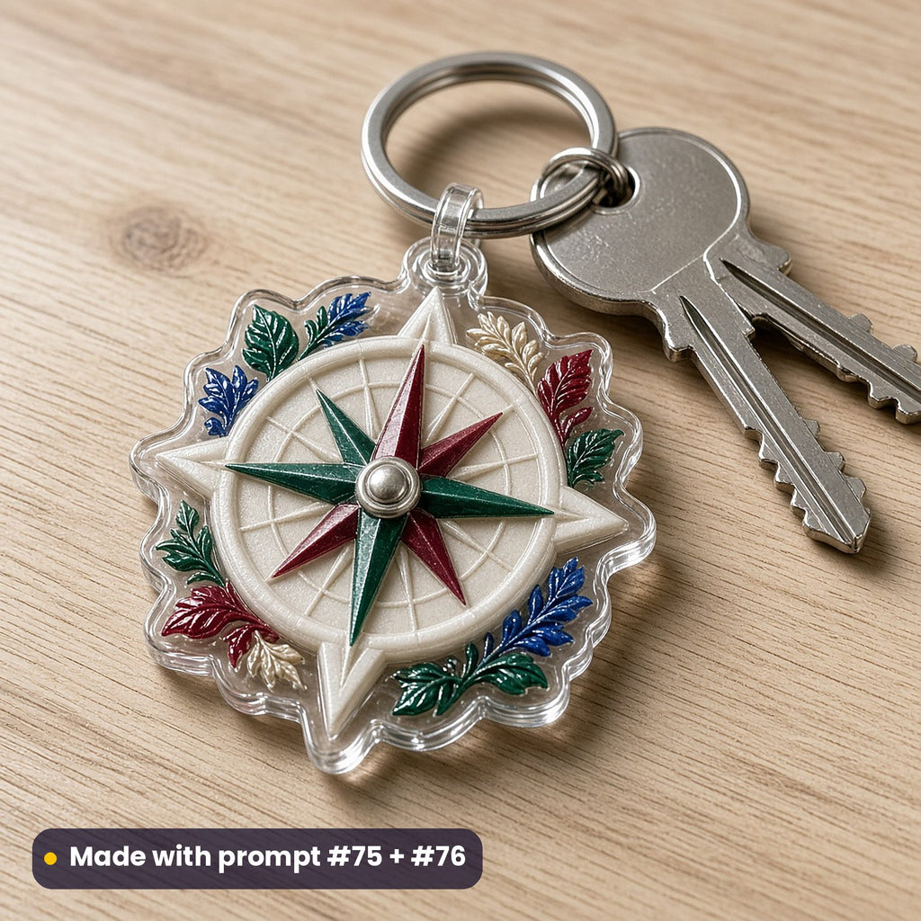 Die-cut acrylic compass key ring with keys on an oak table, printed in emerald, ruby and cobalt with small leaves and raised UV texture, made with prompt #75 + #76
