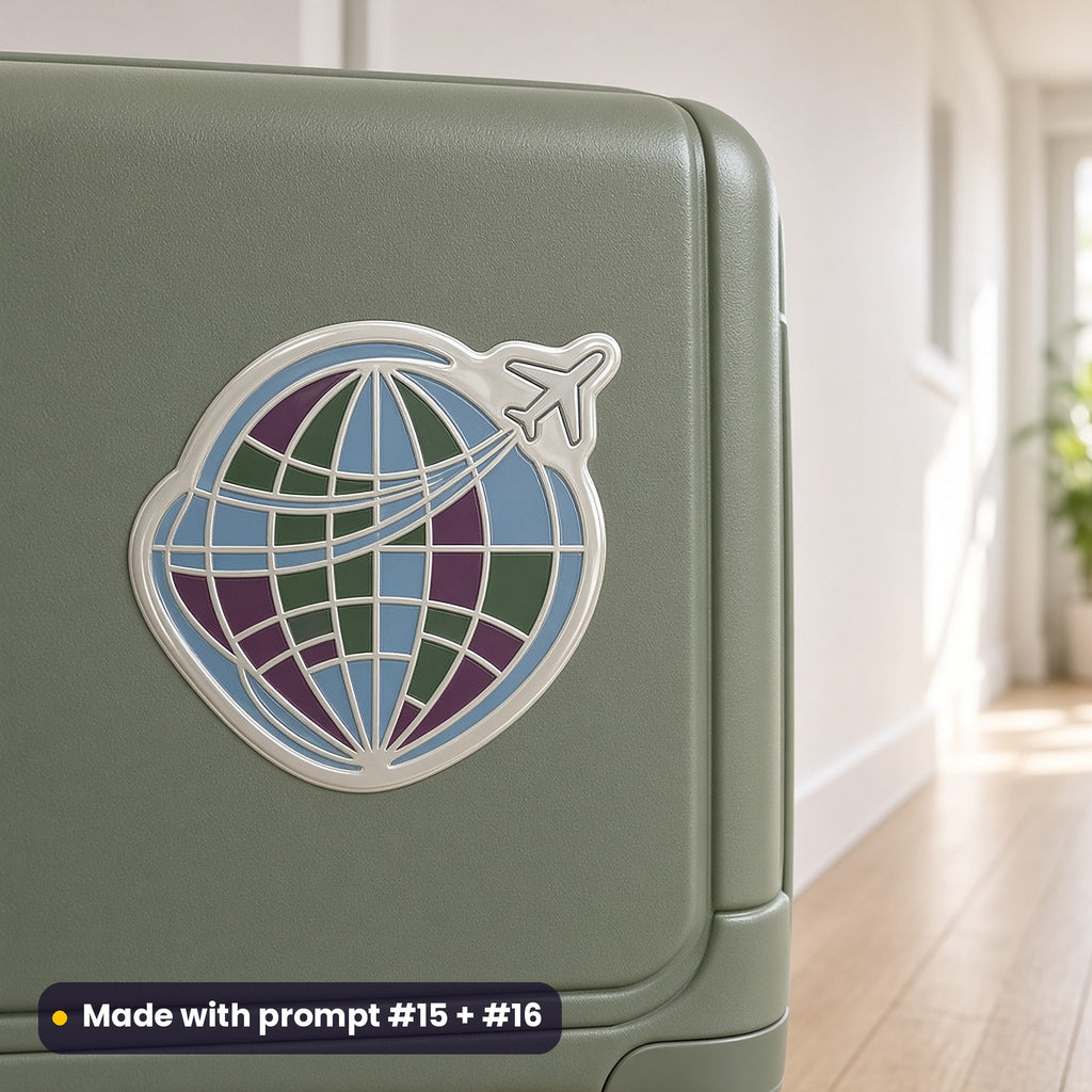 Sage-green hard-shell suitcase with a large die-cut decal of an art-deco globe, route lines and a small aeroplane, made with prompt #15 + #16