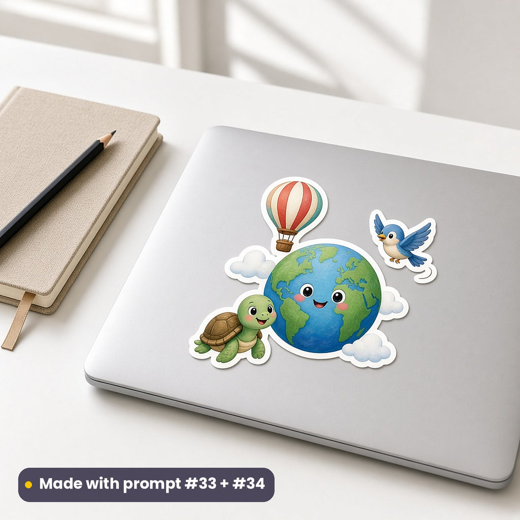 Plain silver laptop with a storybook-style die-cut decal of a smiling cartoon globe, a turtle, a bird and a hot-air balloon, made with prompt #33 + #34