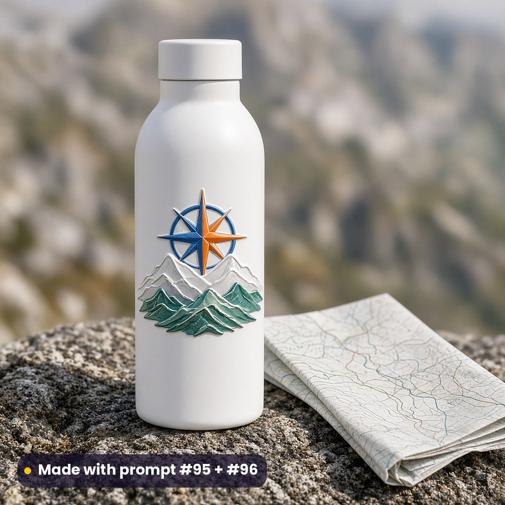 White steel water bottle on a rock beside a folded map, with a die-cut decal of a compass rose over layered mountains in blue, tangerine and verdigris, made with prompt #95 + #96