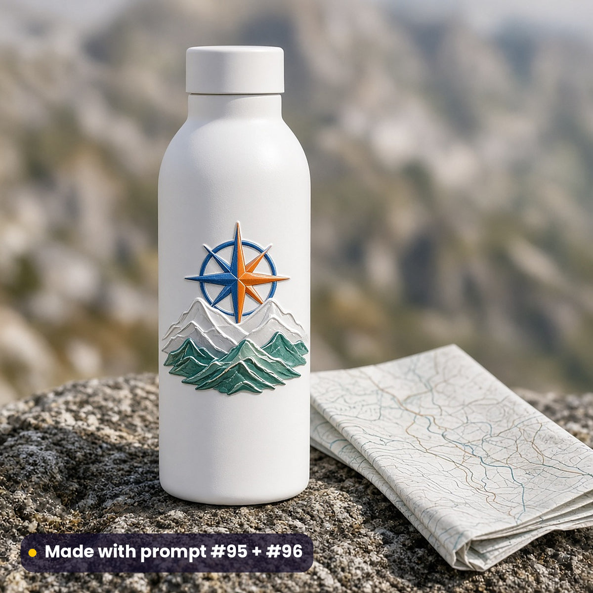 White steel water bottle on a rock beside a folded map, with a die-cut decal of a compass rose over layered mountains in blue, tangerine and verdigris, made with prompt #95 + #96