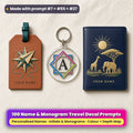 Three UV-printed travel accessories on cream linen: a tan leather luggage tag with a compass rose and paper plane and YOUR NAME placeholder text, a clear acrylic key ring with a geometric monogram frame around the letter A, and a navy passport cover with a gold safari scene and YOUR NAME placeholder text, made with prompt #7 + #55 + #27