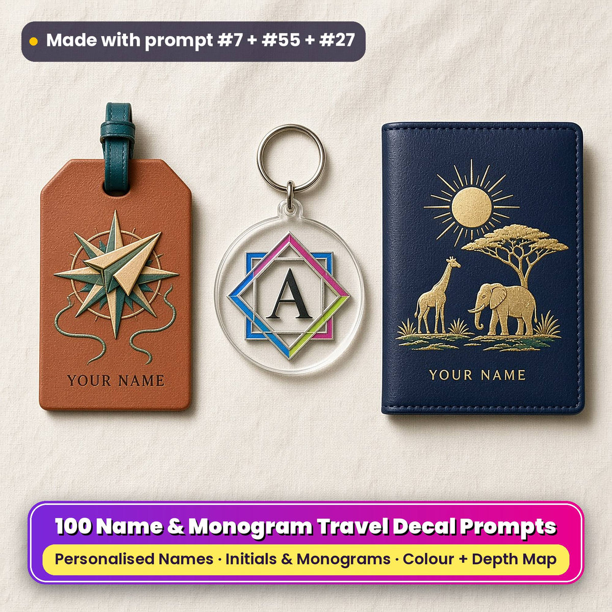 Three UV-printed travel accessories on cream linen: a tan leather luggage tag with a compass rose and paper plane and YOUR NAME placeholder text, a clear acrylic key ring with a geometric monogram frame around the letter A, and a navy passport cover with a gold safari scene and YOUR NAME placeholder text, made with prompt #7 + #55 + #27