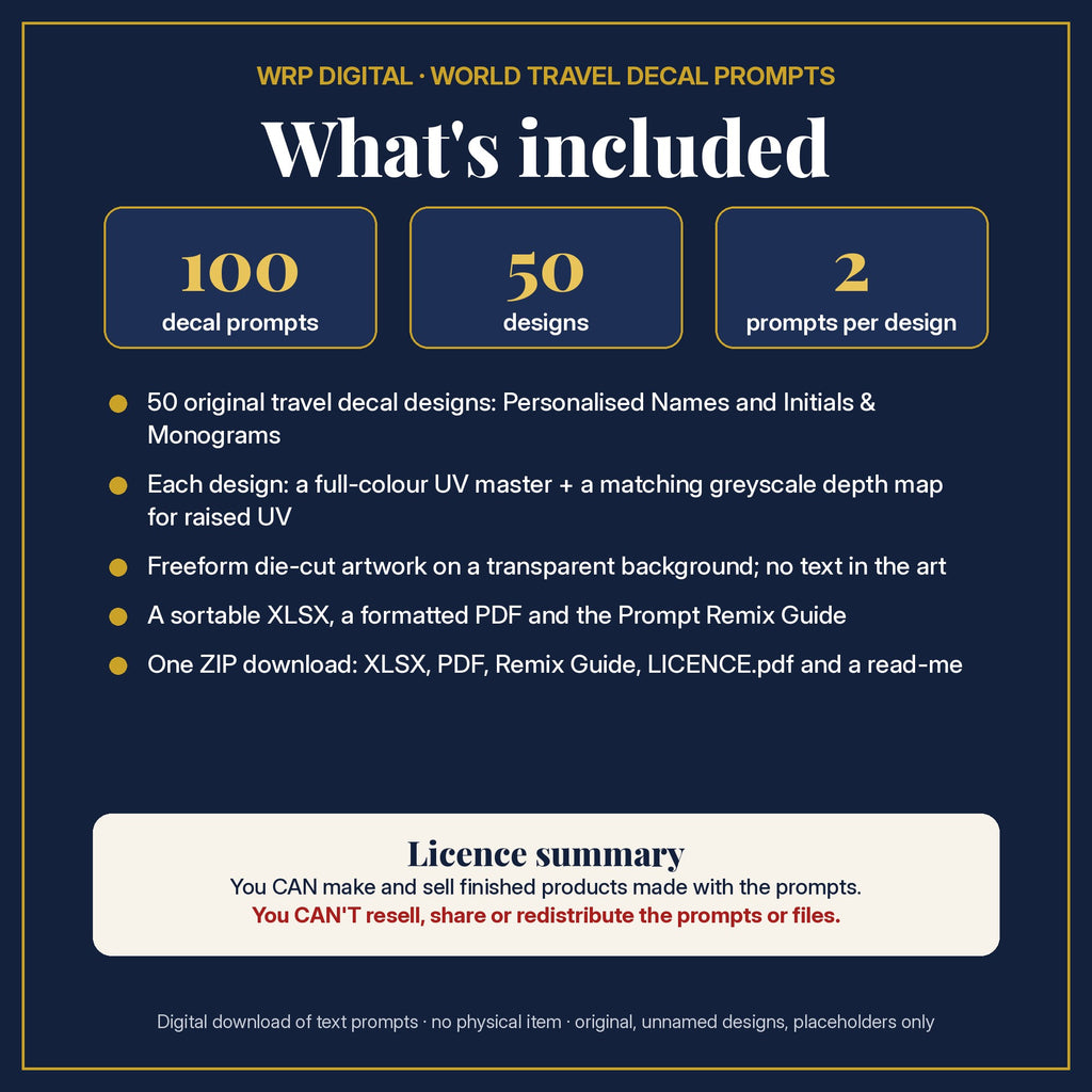 What's included: 100 travel decal prompts, 50 original designs each with a full-colour UV master and a matching depth map, XLSX and PDF, Prompt Remix Guide, ZIP, and a licence summary